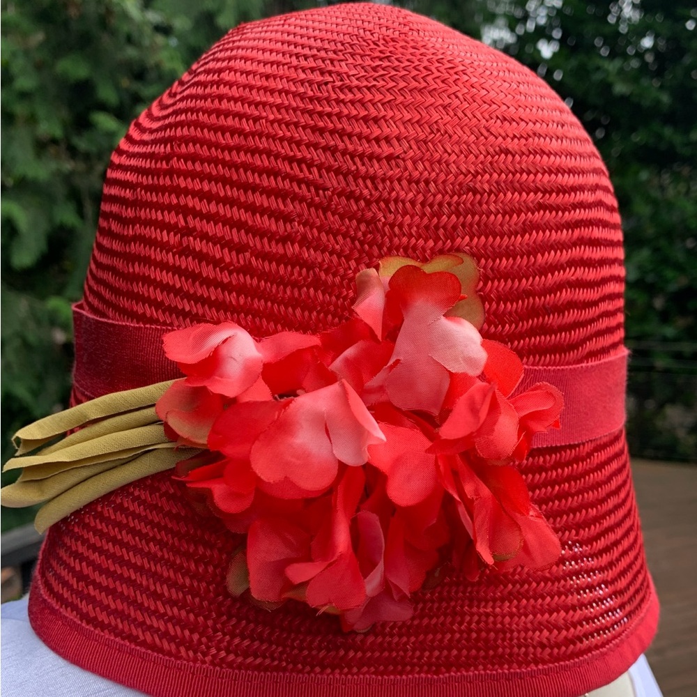 Red Straw Hat with Floral Accent